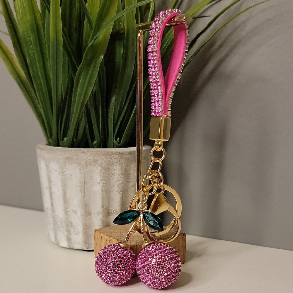 Pink Cherry Rhinestone Keychain Bag Charm - Picture 2 of 8